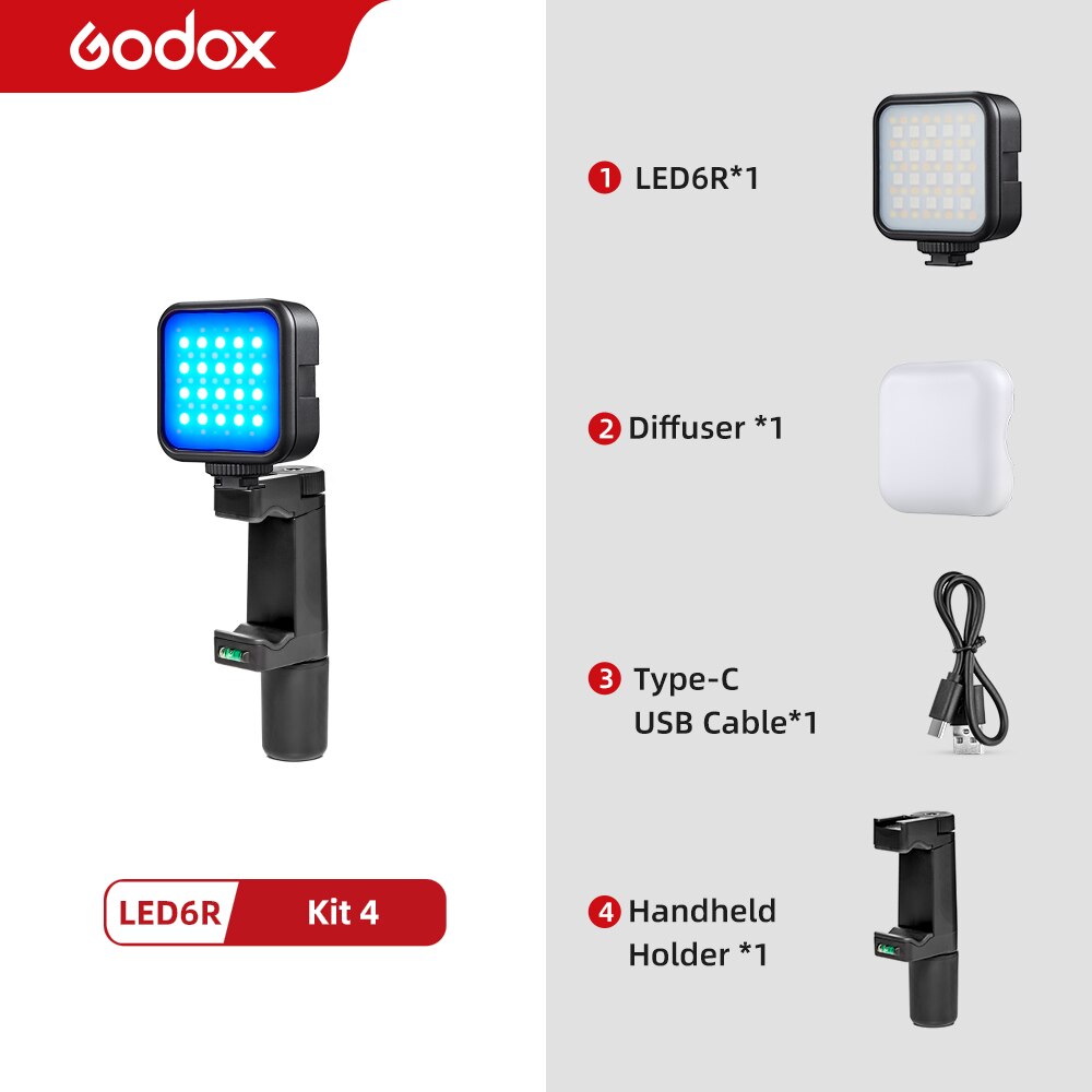 Godox LED 6R RGB Video Licht, dimmbar 0-360 Voll Farbe 3200K-6500K 13 FX Effekte Gebaut-in 1800mAh Li-Ion batterie für Video Licht: Bausatz 4