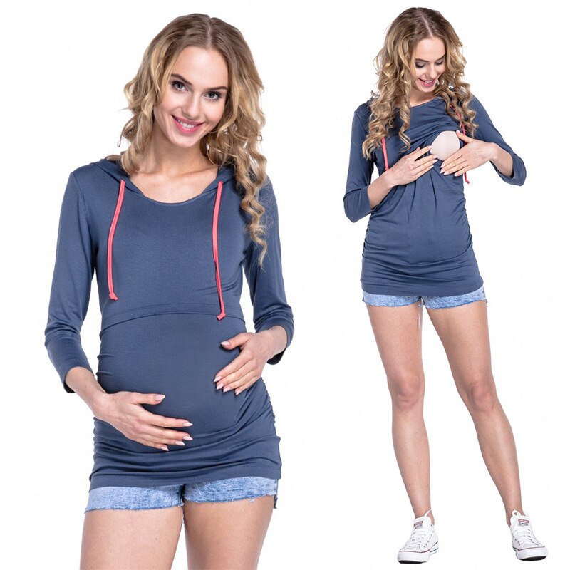 Långärmad gravid hoodie bomull gravid topp amningströja för amning höst lapptröja slim-fit t-shirt