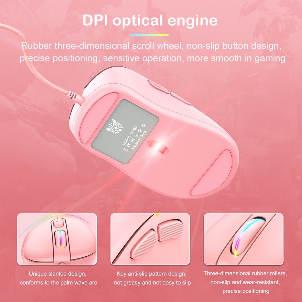 Onikuma CW907 Pink Cute RGB Wired Mechanical Gaming Mouse Mice Streamer Light Effect 6-speed DPI Gaming Mice