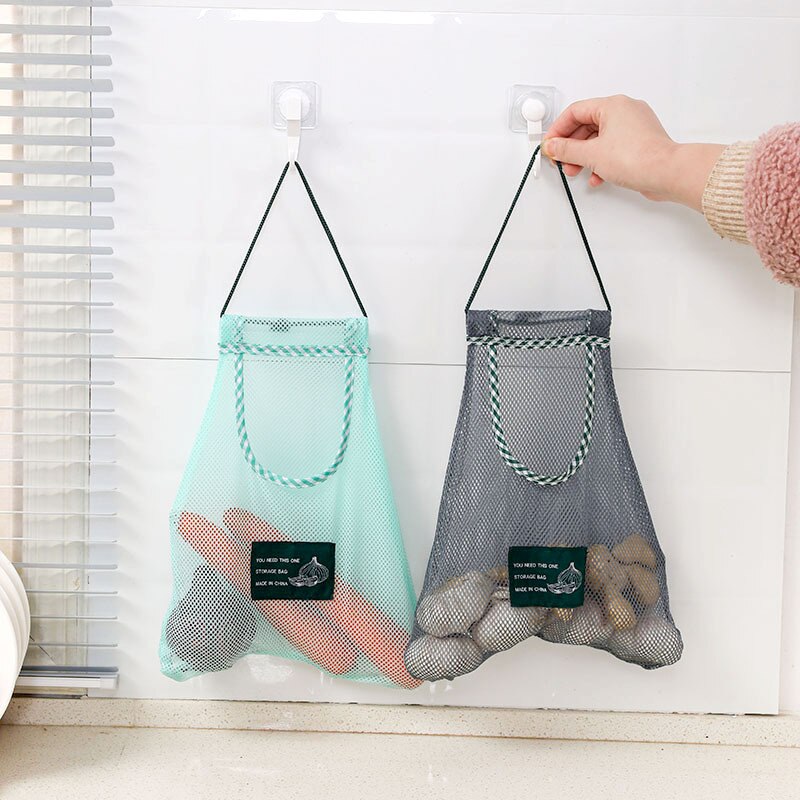 Sac de rangement suspendu pour légumes, oignons, pommes de terre, sac en maille respirant creux, sac de rangement en maille pour ail et gingembre