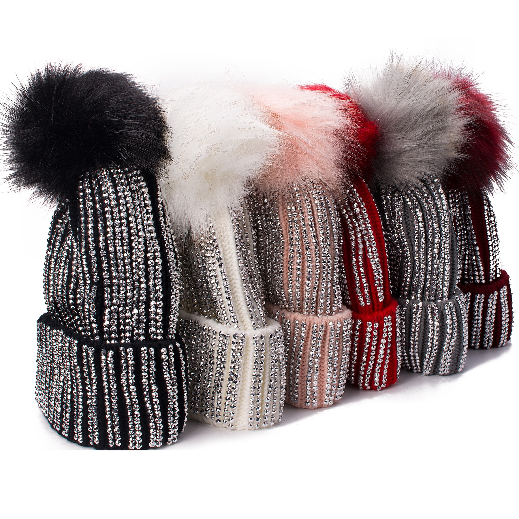 Lawliet Winter Hats Faux Fur Pom Pom Rhinestone Bling Style Women Beanies Warm Knitted Hat Ladies Skull Cap A469