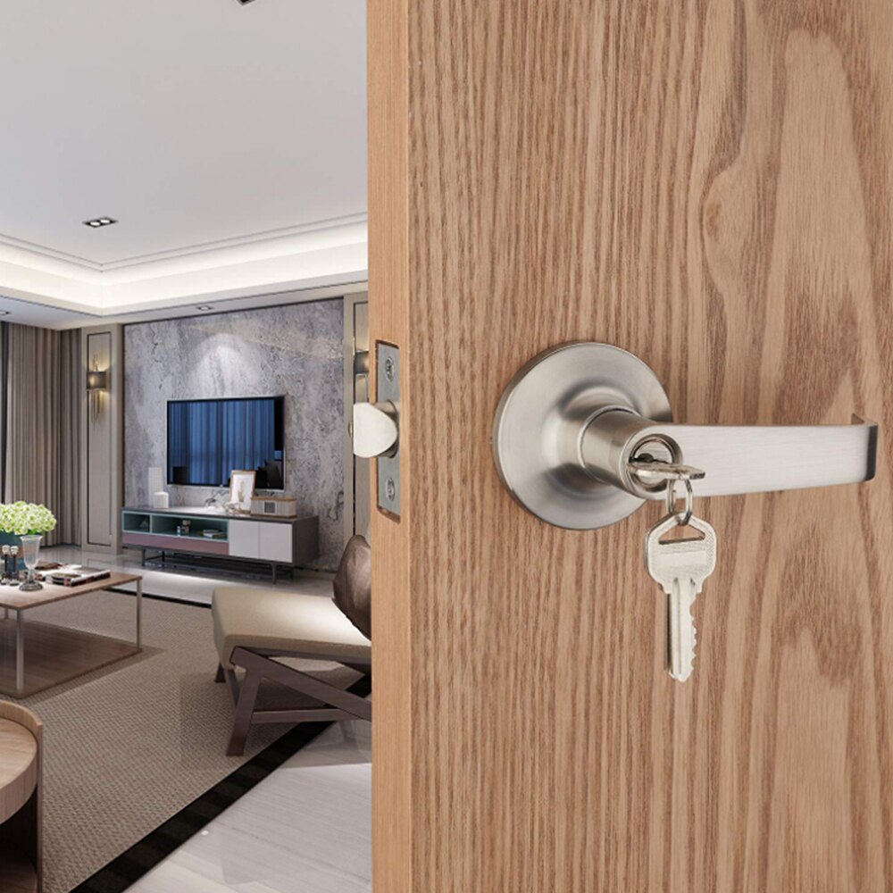 Door Lock Metal Push Button Handicap Friendly Entry Satin Nickel Lever Handle Door Lock Key Set Fit For 1 3/8" and 1 3/4" Doors