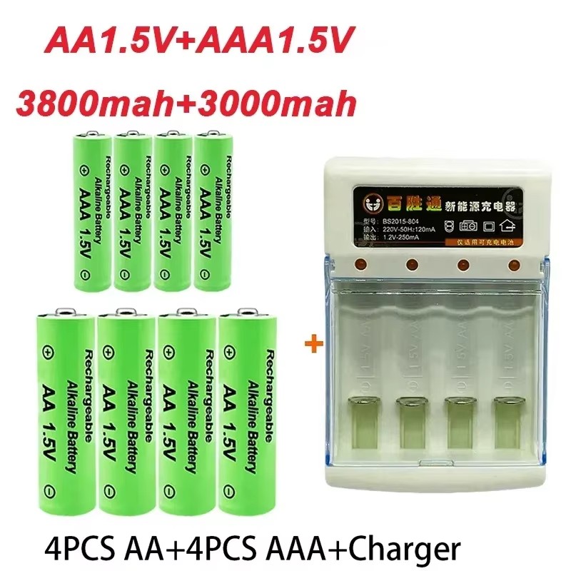 AA + AAA-Batterie Neuer 1,5-VR-Akku AA3800MAH AAA3000MAH mit Ladegerät für LED-Taschenlampen-Taschenlampen-elektronische Geräte: green
