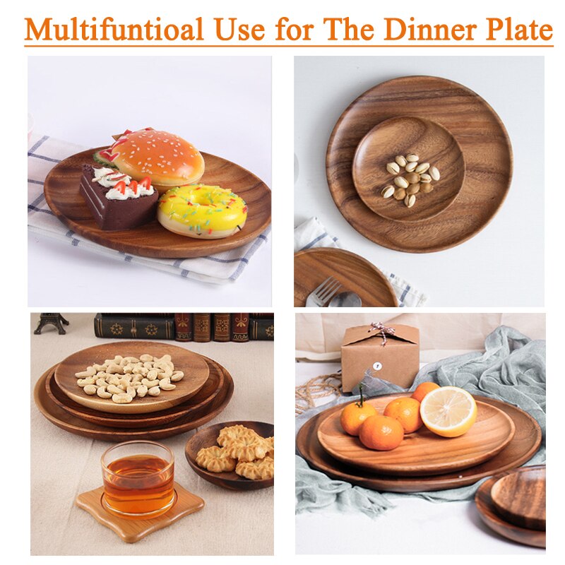 Round Solid Wood Plate Whole Acacia Wood Fruit Dishes Wooden Saucer Tea Tray Dessert Dinner Breakfast Plate Tableware Set