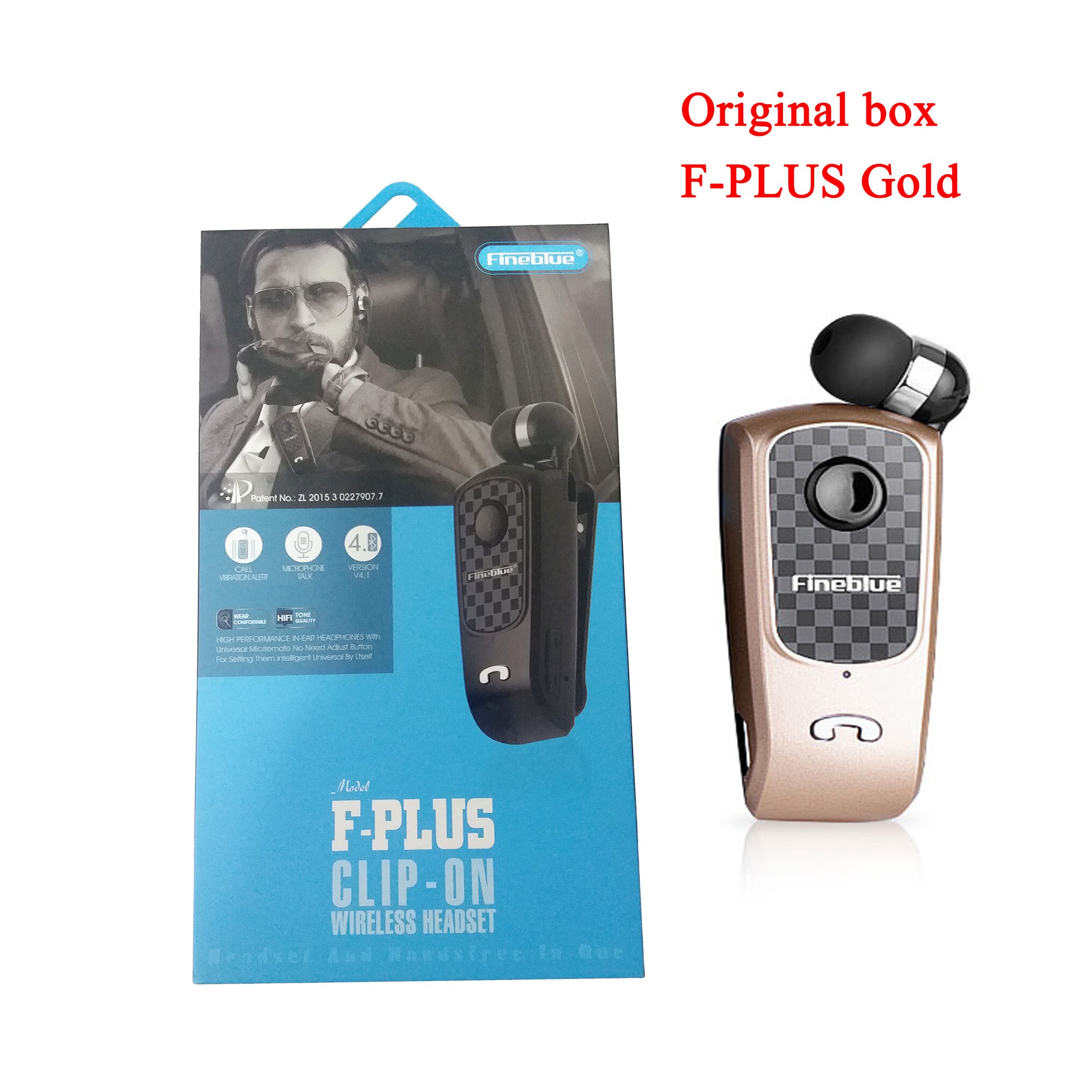 Fineblue Bluetooth F PLUS Mini Wireless Clip-on Bluetooth V5.0 Headset Headphone Hands-free Calls Time 10 hours Came Earphone: Gold Retail box