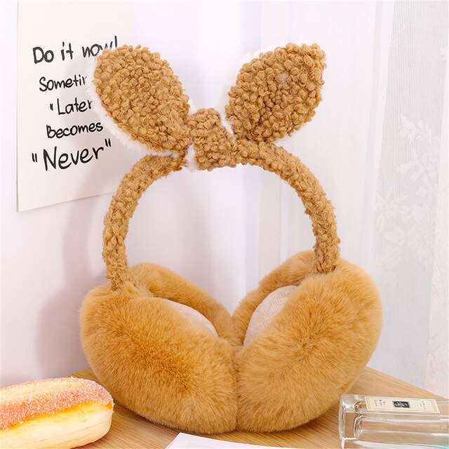 Lovely Winter Warm Bunny Ear Warmers Glitter Ears Plush Earmuffs For Women Playful Girls Ear Muffs Cold Protection Warm: Milk tea