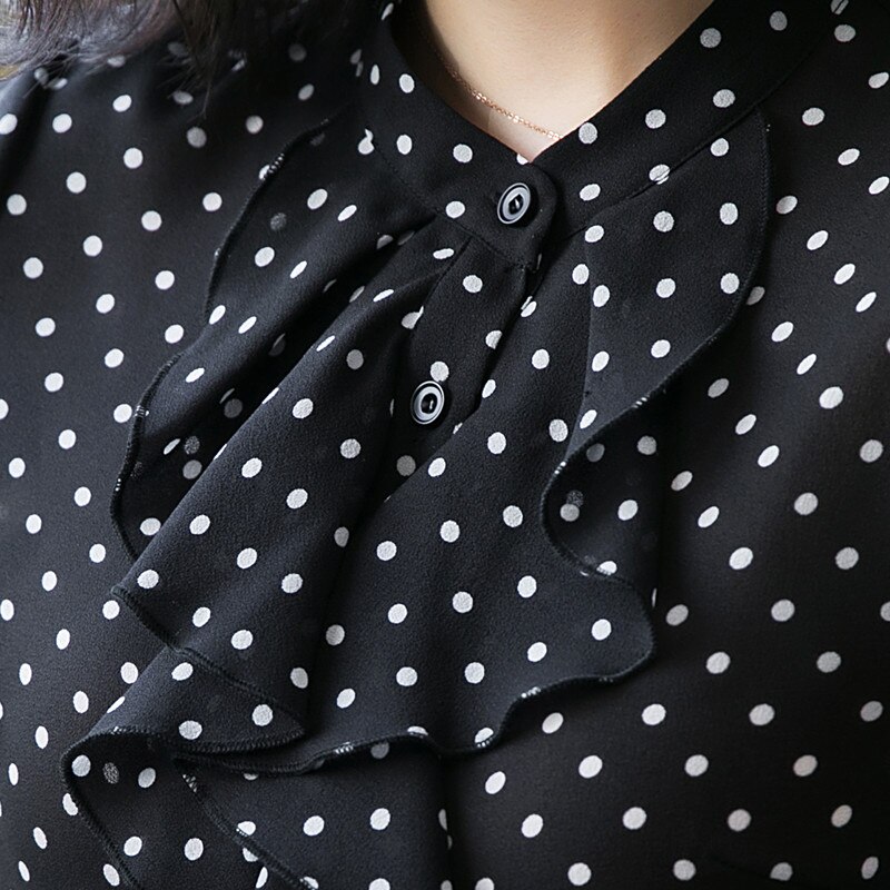 Sort hvid prikket skjorte kvindelig kortærmet chiffon slim flæsede bluser sommer stand krave toppe