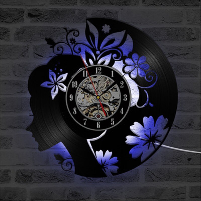 Blume Mädchen Vinyl aufzeichnen Wanduhr LED Beleuchtung Zauberstab Kunst Dekor Jahrgang retro 3D Uhren Zauberstab Uhr Wohnkultur Geburtstag