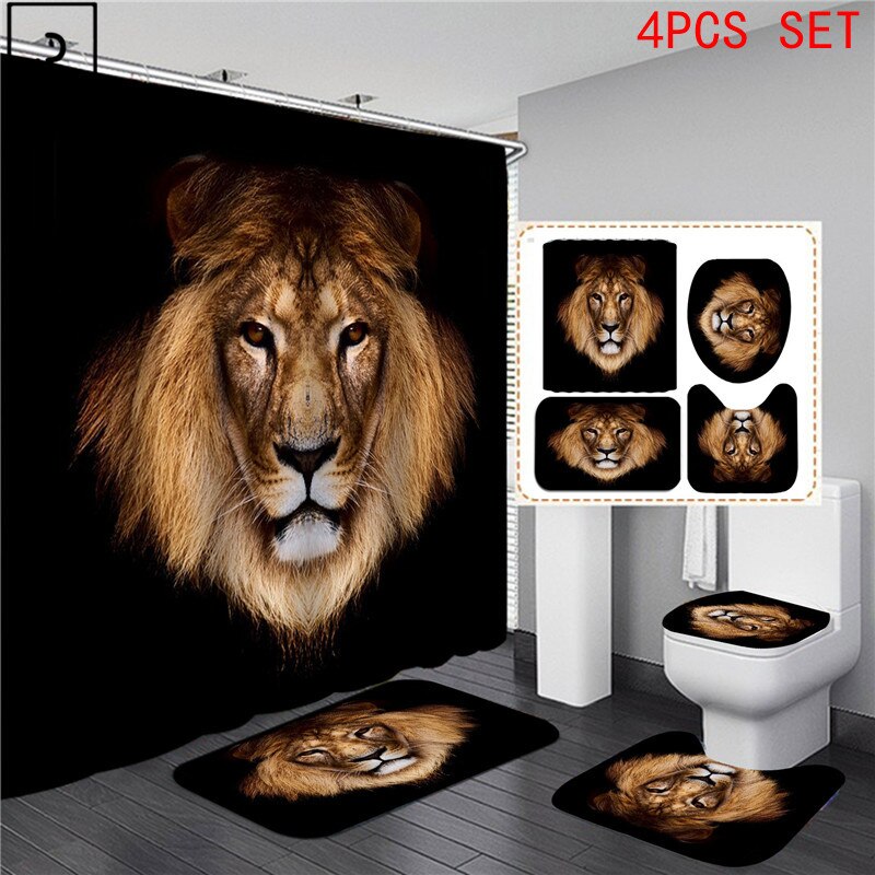 Animal Print Black Shower Curtains Lion Tiger 3D Bathroom Curtain Set Anti-slip Bath Mat Soft Toilet Lid Cover Home Rugs Carpets: 4PCS SET-D