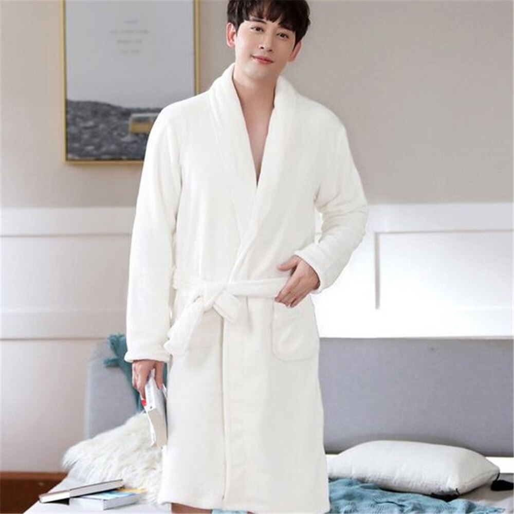 Pajamas White Women Men Coral Kimono Bathrobe Gown Lovers Couple Flannel Nightwear Winter Thicken Warm Soft Robe Gown Sleepwear: men