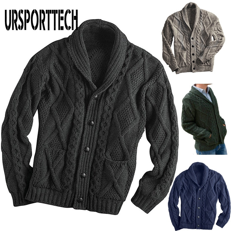 100%  irländsk merinoull aran button herrtröja höst vinter kofta tröja slim fit varm stickad tröja kappa