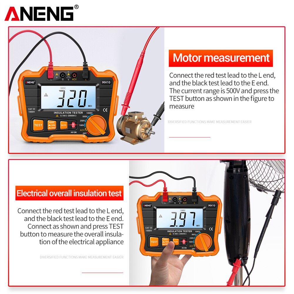 Aneng MH10 Digitale Megohmmeter Megger Meter Isolatie Aarde Ground Resistance 100-1000V Ohm Voltage Tester