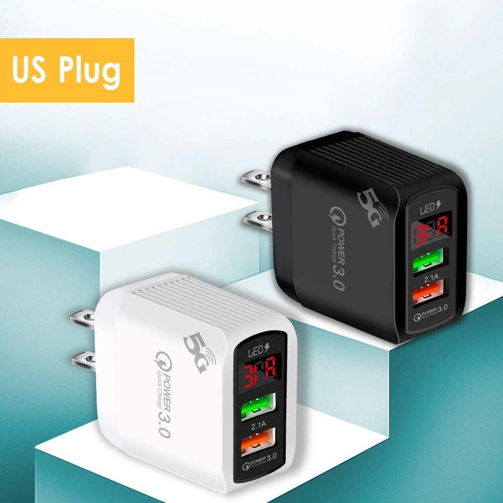 Adaptador de cargador USB de 5V, 2.1A, QC 3,0, 2 puertos, pantalla LED, cargador de teléfono móvil de viaje para iPhone, Samsung, Xiaomi, tableta de pared, EU, US, UK