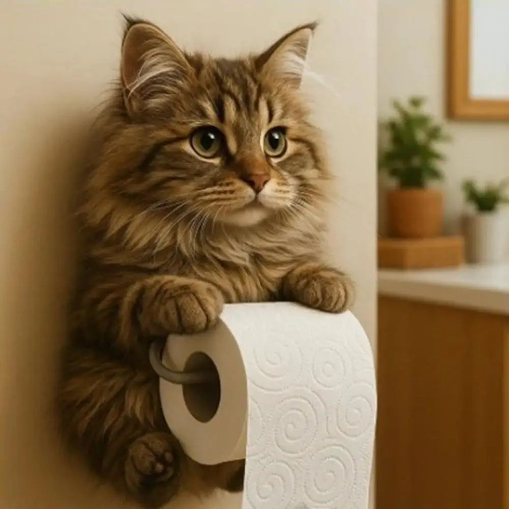 3D Printed Cat Paper Towel Holder – Realistic Wall-Mounted for Bathroom Easy Installation Decorative Toilet Paper Holder