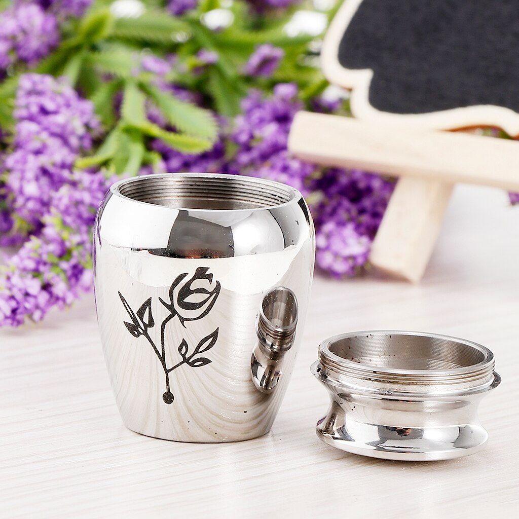 Stainless Steel Mini Urn Jar Funeral Cremation Container Rose Flower Pattern