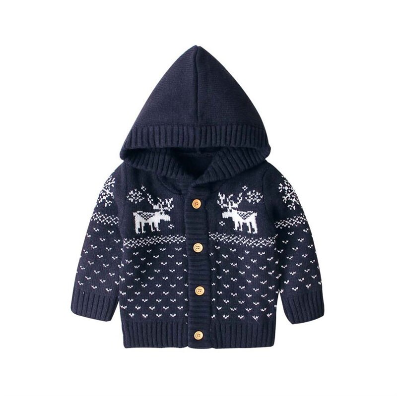 Baby Meisjes Jongens Hooded Trui Kerst Kleding Kids Gebreide Herten Jas Knop Lange Mouw Outfit Vest Top 0- 18M: Blauw / 100