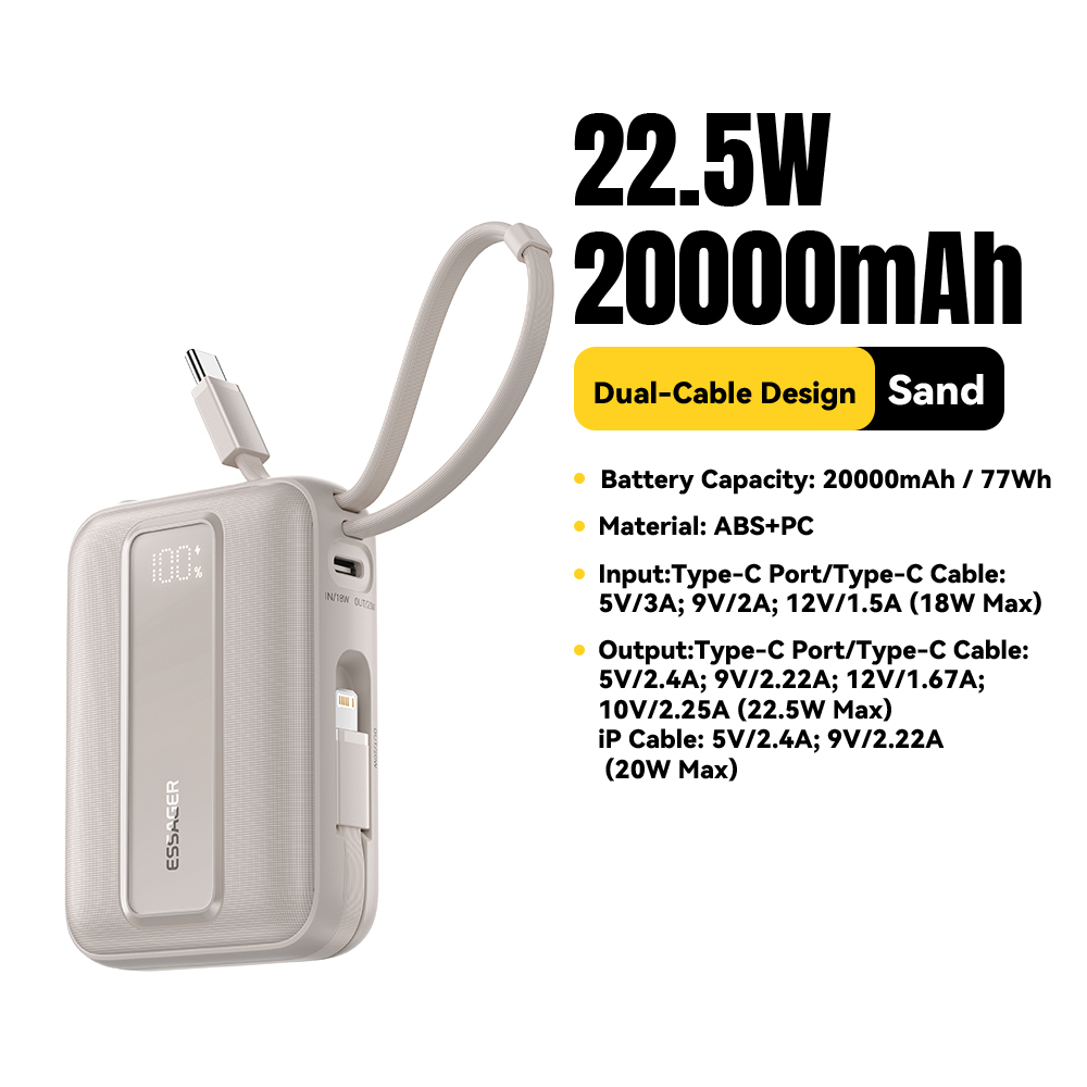 Essager 20000mAh Power Bank PD22.5W Dual Cable Fast Charging Powerbank Portable External Battery Charger For iphone Huawei ipad: WHITE / 20000mah