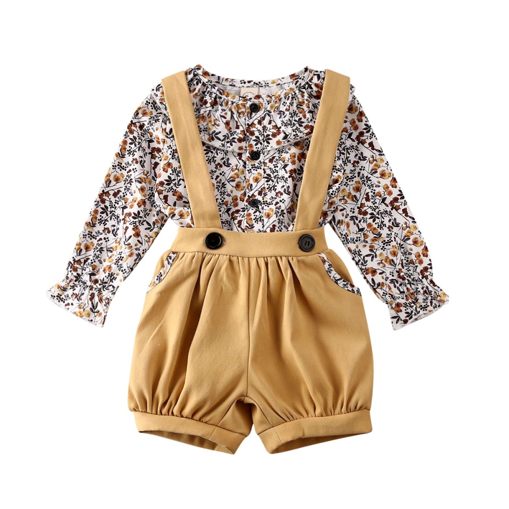 0-5Y Infant Kids Baby Girl Floral Clothes Sets Ruffles Tops T-Shirt Pants Overalls Outfits Set Autumn Clothes