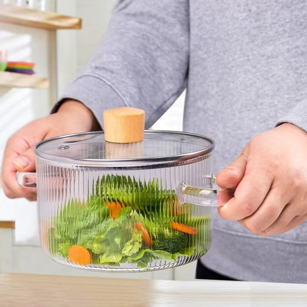 Cacerola de vidrio de borosilicato alto de 1,6l, olla de cocina con mango Binaural resistente al calor con tapa, tazón de fideos transparente Ramen