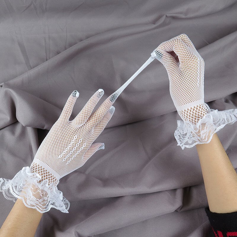 Ladies Short Lace Gloves Maid Sheer Fishn Net Black White Prom Tea Party Gloves Female&#39;s Fashionable Mittens for Women