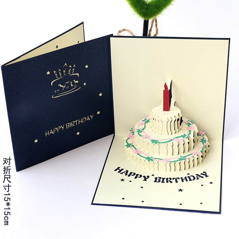 Birthday greeting card 3D three-dimensional greeting card Birthday cake shape hollowed out paper sculpture Senior blessing card: Blue