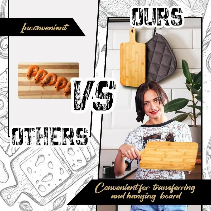 2pcs Wooden Cutting Boards with Handle Bamboo Wood Serving Kitchen Chopping Boards for Pizza Bread Cheese Charcuterie Vegetables