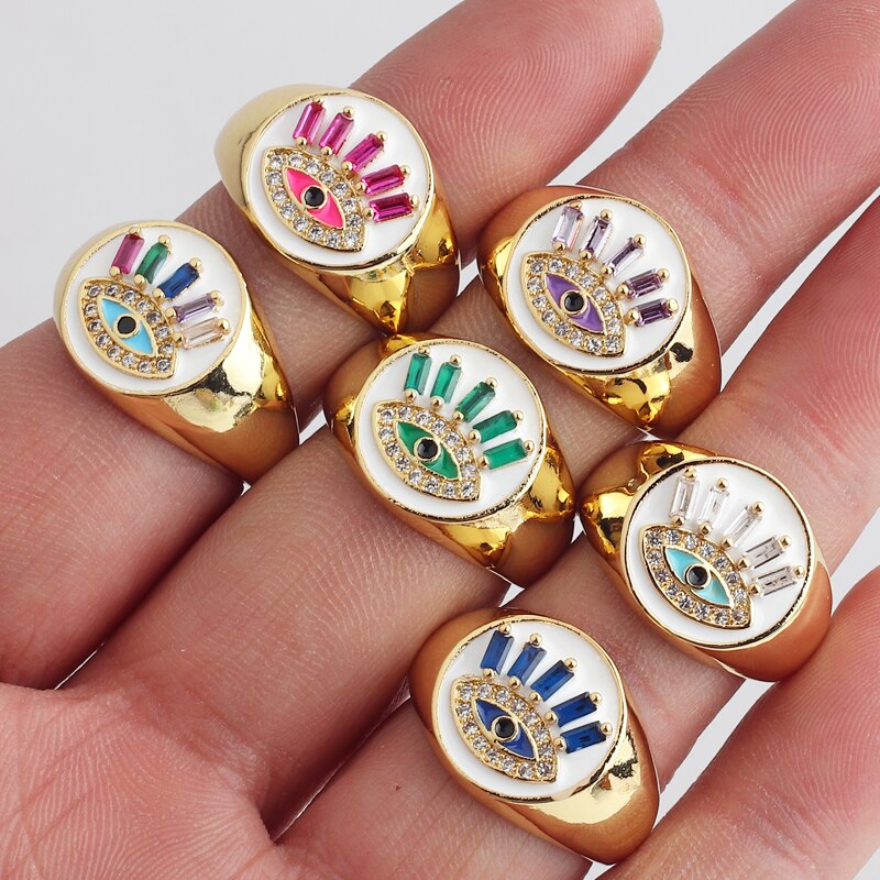 Trendy Chunky Evil Eye Ringen Regenboog Keuze Verstelbare Signet Ronde Ring Koper Cz Sieraden Party Wedding Voor Vrouwen