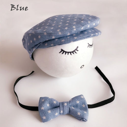 Newborn Baby Peaked Beanie Cap Hat + Bow Tie Photo Photography Prop Outfit Set Little Gentle Man: Sky Blue