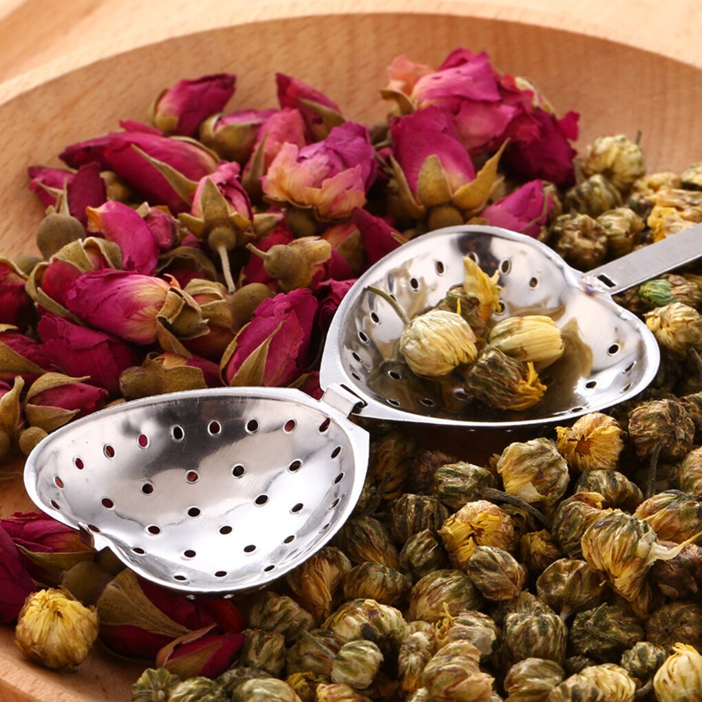 Utensilios de cocina para infusiones en forma de corazón, cuchara de acero inoxidable, colador, mango, filtro de té