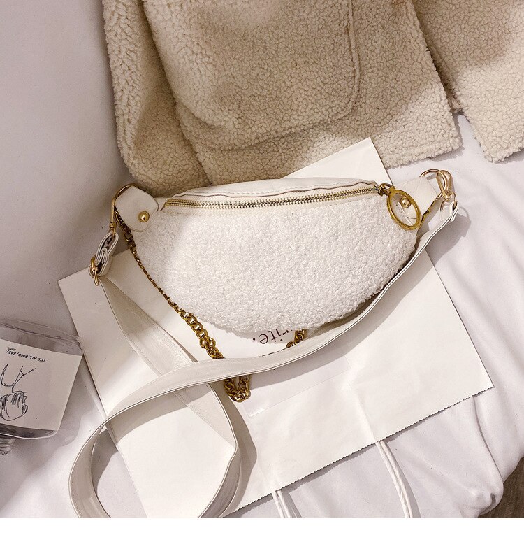 Women Waist Bag Woolen Chest Bag Chain Shoulder Crossbody Bag Banana Bag Belt Bags Phone Purse: White