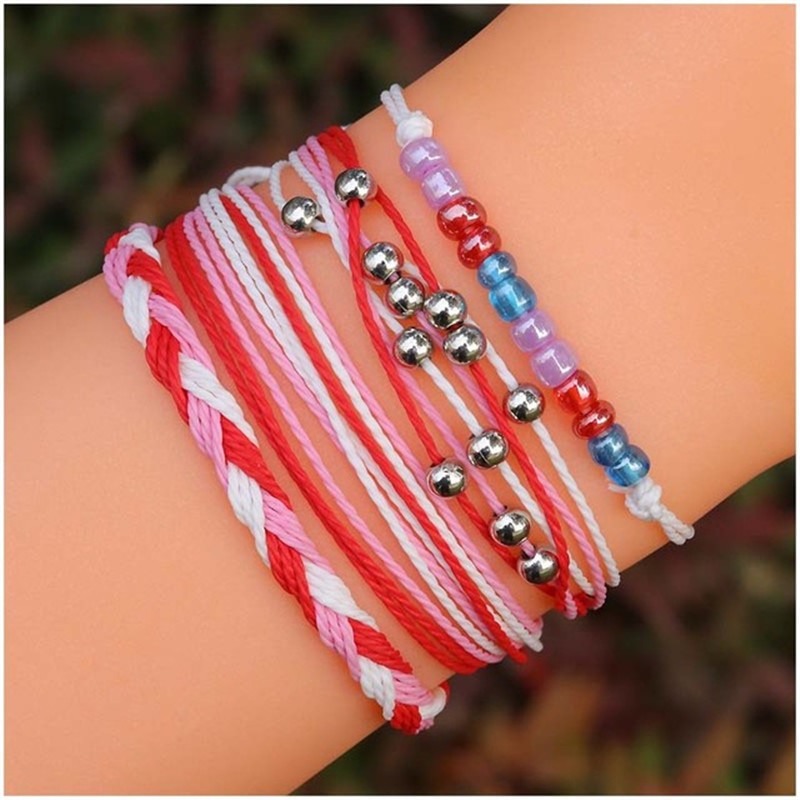 4 pièces/ensemble Boho perles colorées à la main multi-couche cire ligne Bracelet femmes plage surf été vêtements bijoux accessoires