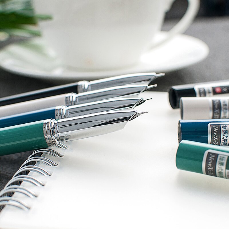 Pluma estilográfica de Clip plateado de 1 pieza, negra, blanca, azul, verde, para elegir, Punta pequeña de 0,38mm, bolígrafos de tinta metálica para escribir para estudiantes