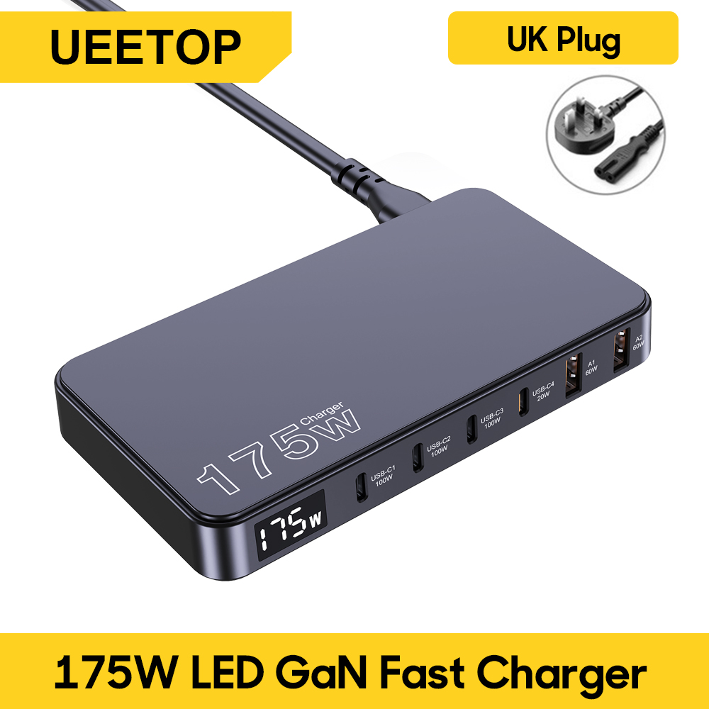 Ueetop 175w gan usb c laddare led-skärm 6- portars bordsladdare typ c  pd 100w pps 45w snabbladdning för macbook samsung iphone: Storbritannien