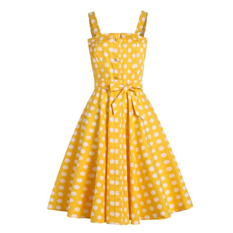 Tonval Yellow 50s Pinup Vintage Button Front Polka Dot Summer Tank Dresses Women Party Belted Cotton Midi Dress: L