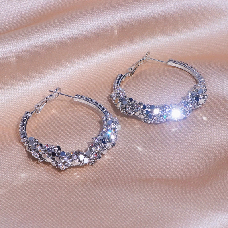 Trendy Shiny Crystal Ronde Hoop Oorbellen Voor Vrouwen Zilveren Kleur Grote Metalen Cirkel Oorbellen Vrouwelijke Bruiloft Bruiden Sieraden