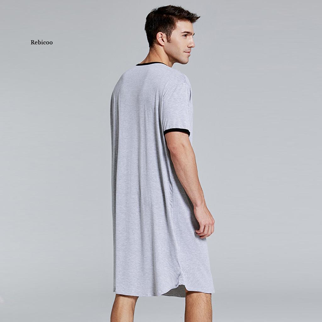 Men Sleepwear Long Nightshirt Short Sleeve Nightwear Night Shirt Soft Comfortable Loose Sleep Shirt Male Home Clothing