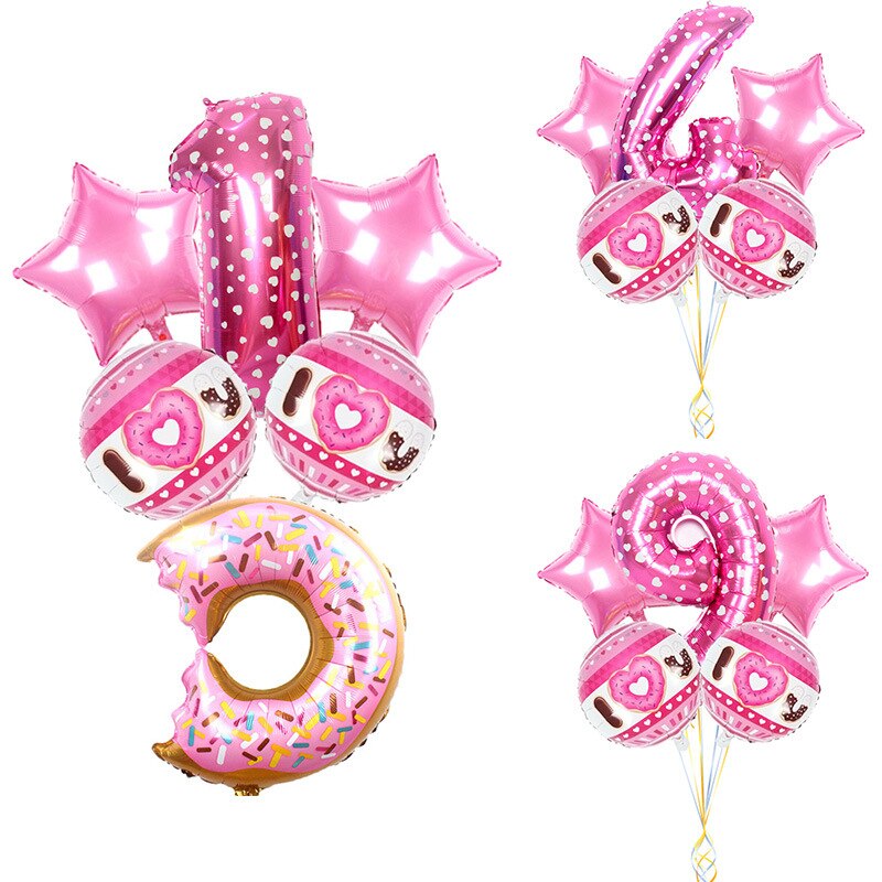 Rosa söt munk tema fest folie ballonger 32 tum nummer ballong barn födelsedagsfest dekorationer tecknad hatt