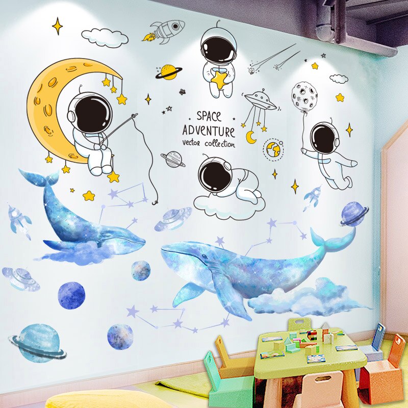 [shijuekongjian] valdjur väggdekaler diy planeter ufo väggdekaler för barnrum vardagsrum förskola heminredning: Val och astronaut