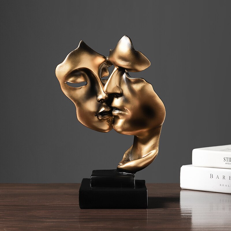 Gouden Retro Gezicht Kus Masker Decoratie Hars Standbeeld Sculptuur Desktop Woninginrichting Decor