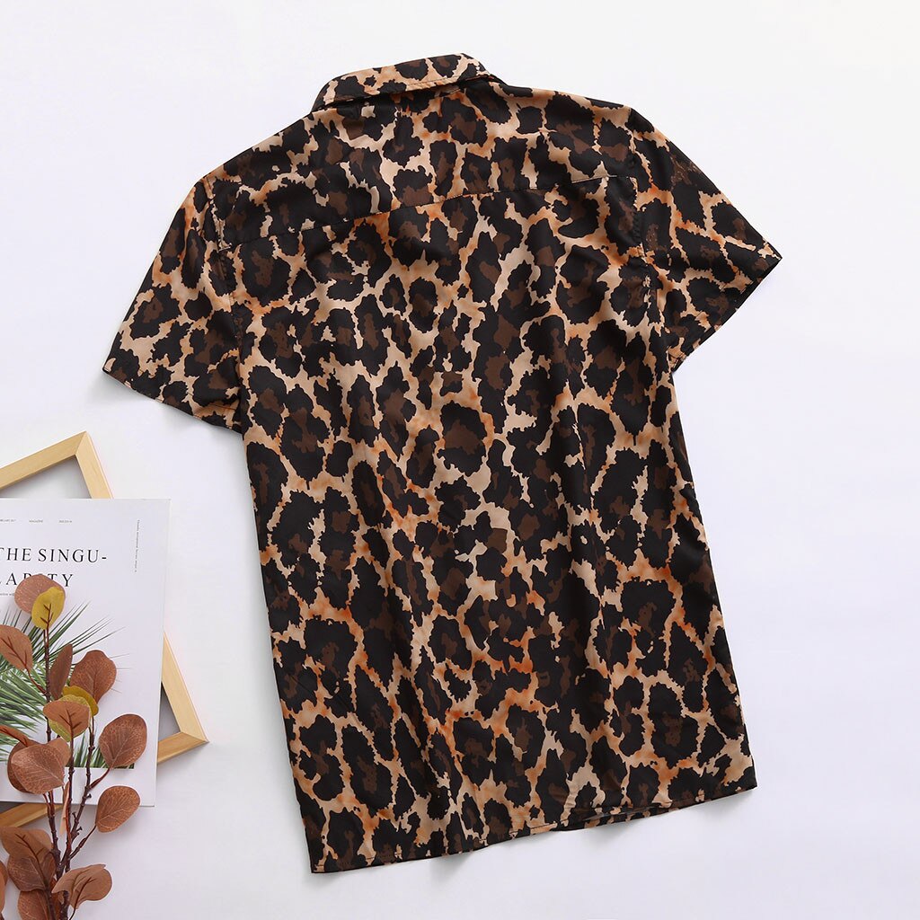 Camisas masculinas camisas masculinas camisas masculinas lapela leopardo manga curta camisa superior blusa chemise homme streetwear #622