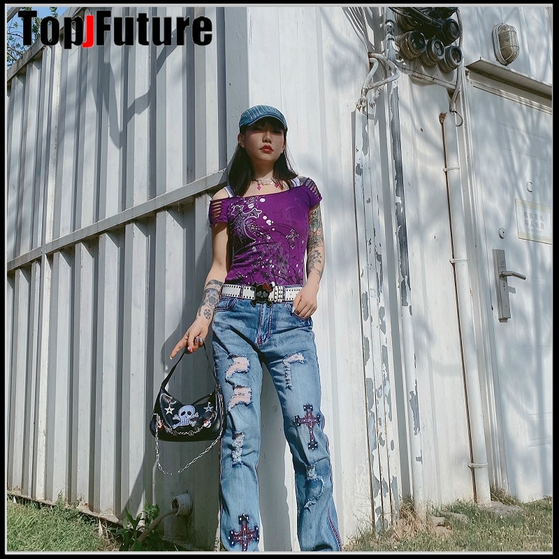 Women Girl boy men cross old shabby worn-out dilapidated HIP HOP Harajuku chain trousers pants jeans Gothic Lolita pants jeans