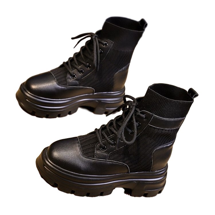 Fujin Vrouwen Lente Herfst Laarzen Sok Stretch Schoenen Booties Lace Up Hoge Hak Platform Enkellaars Mode Laarzen Korte Vrouwen