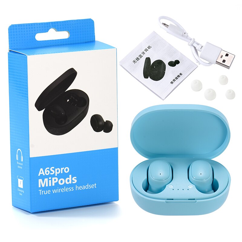 XVIDA-auriculares inalámbricos A6S PRO TWS IPX4, resistentes al agua, Mini auriculares internos Macaron con Bluetooth 5,0 para todos los teléfonos inteligentes: A6S PRO blue and box