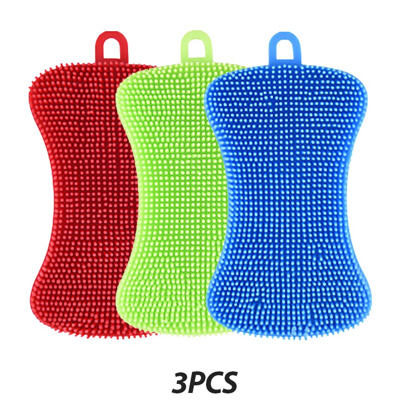 3PCS Silicone Dish Washing Brush Pot Pan Sponge Scrubber Silicone Scouring Pad Fruit Pot Pan Wash Brushes Kitchen Cleaning Tool: 3pcs-G
