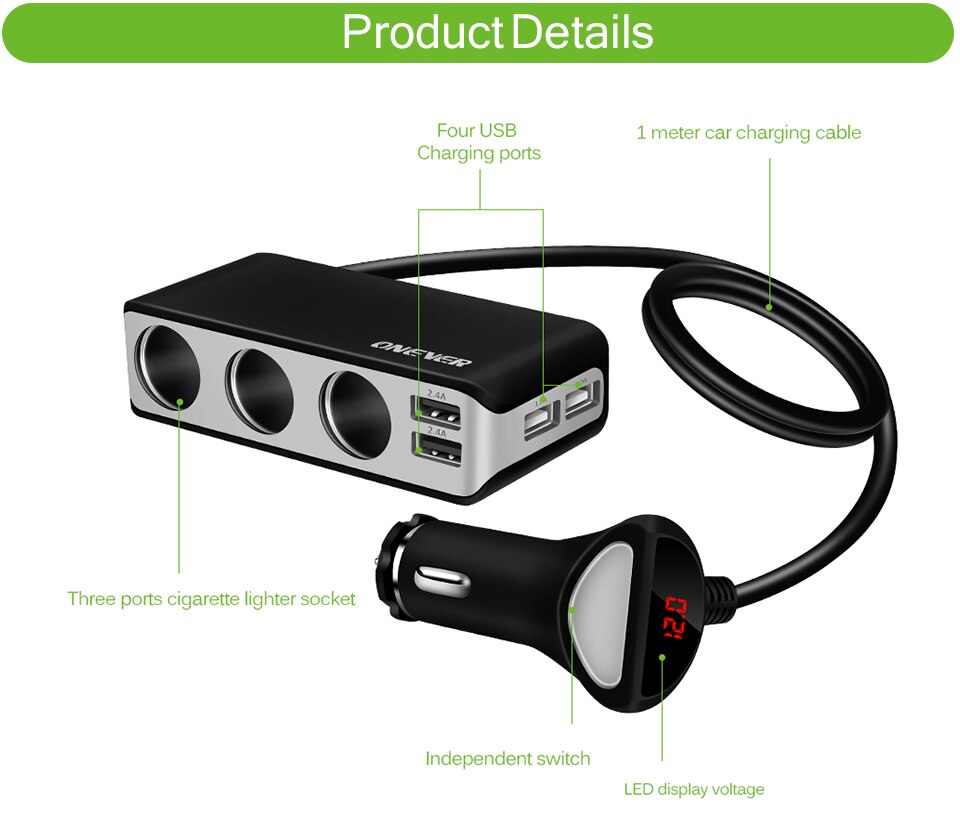 4 USB Port 3 Way Car Cigarette Lighter Socket Splitter 120W Output Power Adapter 12~24V Charger Fast Charging Voltmeter Display
