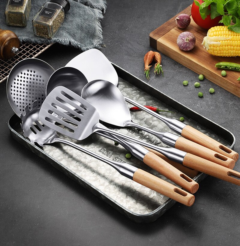 Espátula para utensilios de cocina, cuchara con colador, cucharas para sopa, pala ranurada, utensilios de cocina de acero inoxidable, batería de cocina mango de madera, cocina