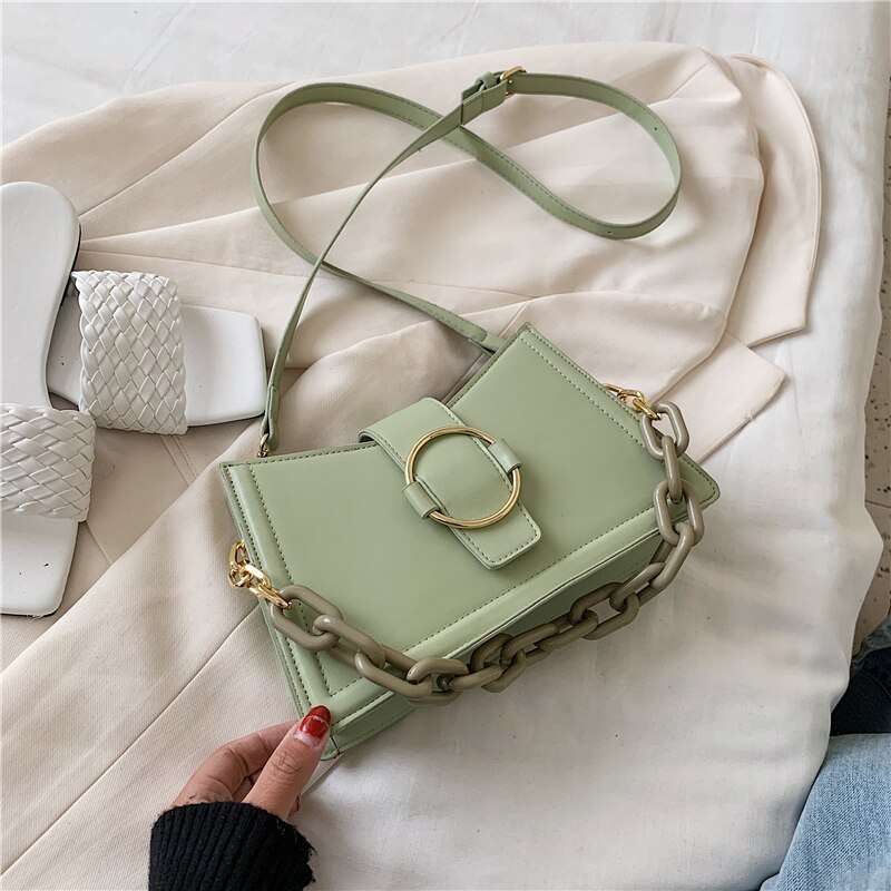 Women's PU Leather Shoulder Bag - Small Crossbody Purse with Chain - Fashionable Casual Tote: Green