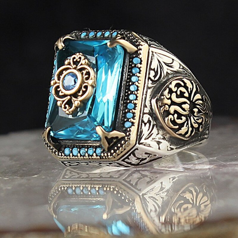 Anillo de sello turco Vintage para hombres y mujeres, anillo de águila tallada de Color plateado antiguo con incrustaciones de circonita verde, locomotora Punk: 13 / Blanco