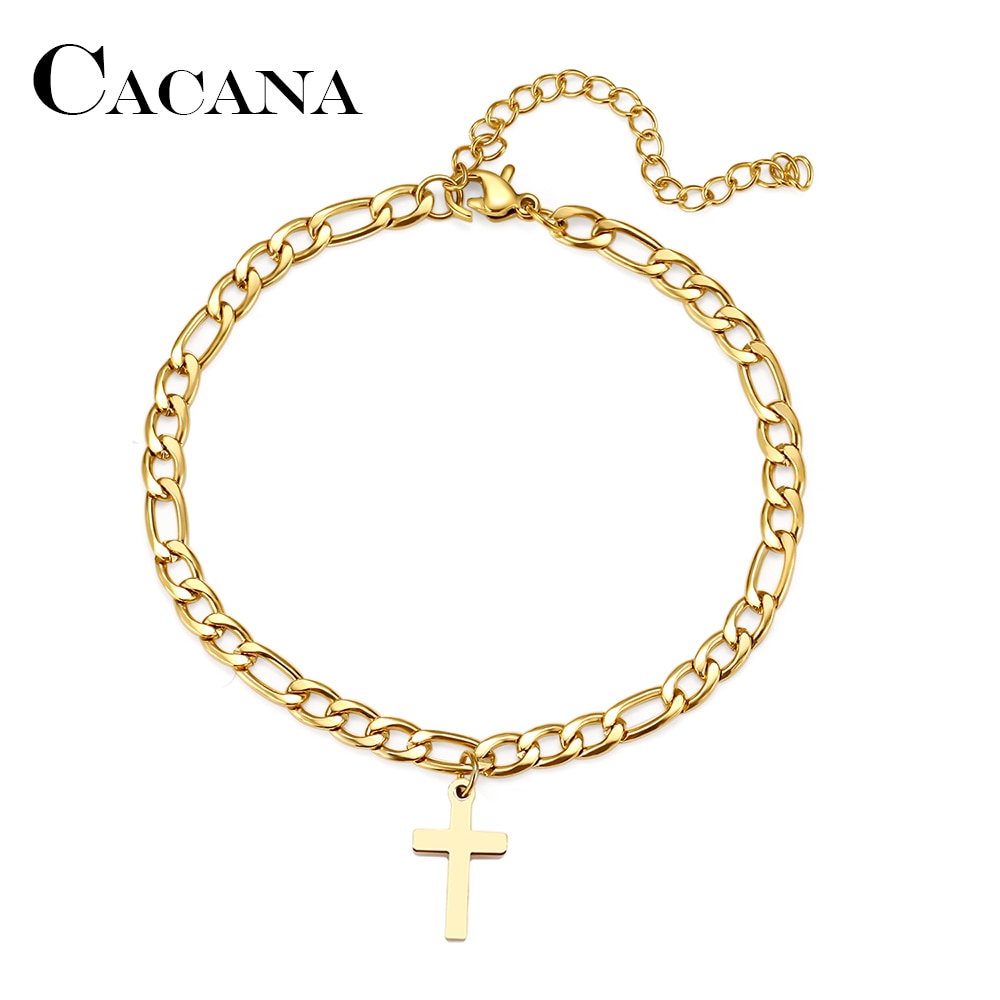 Cacana 316L Rvs Armband Curb Cubaanse Link Goud Kleur Chain Classic Cross Armbanden Voor Mannen Vrouwen Sieraden