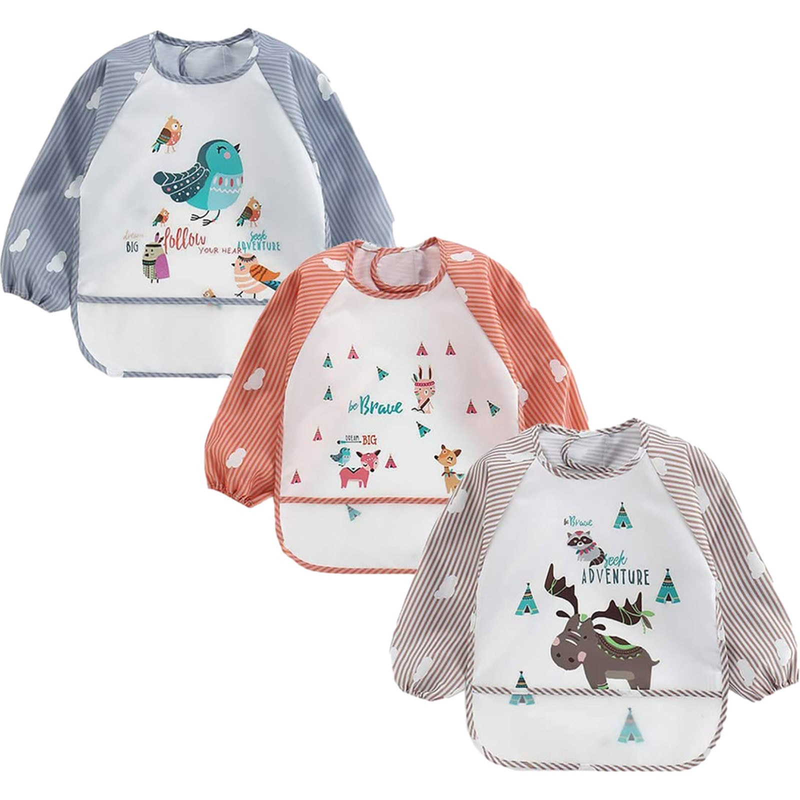 3 #1/3Pcs Waterdichte Baby Slabbetjes Cartoon Animal Print Gestreepte Mouw Bib Baby Peuter Voeden Schort Bavoir baberos 6-36 Maanden